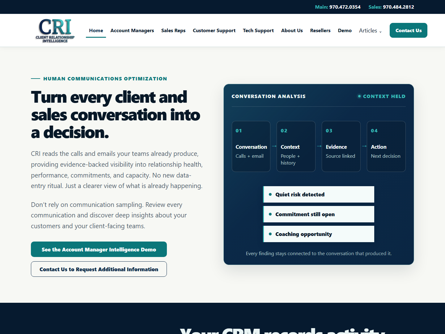 CRI home page showing client and sales conversation analysis
